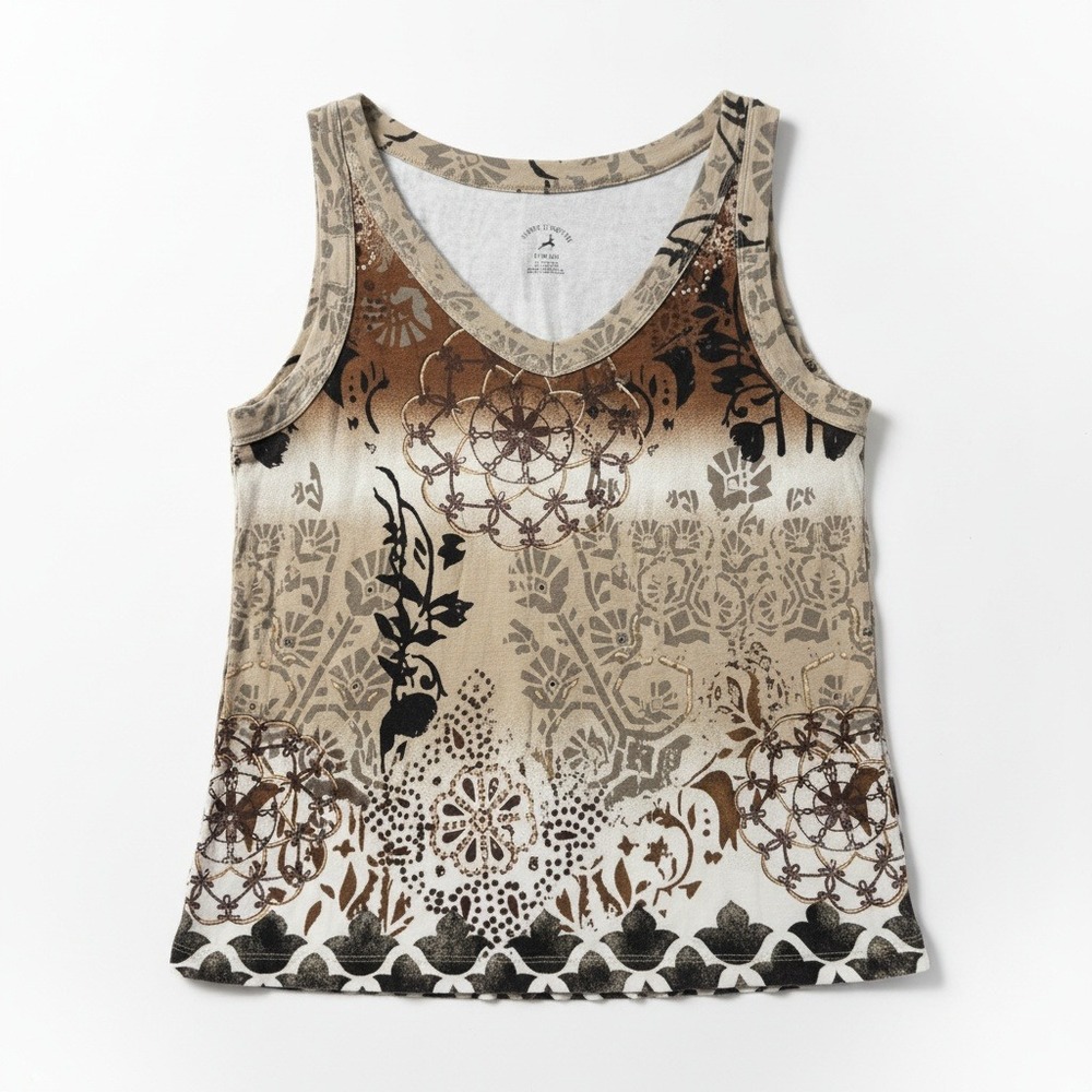 White Stag Womens Neutral Mandala Floral V-Neck Cotton Tank Top Small 4/6